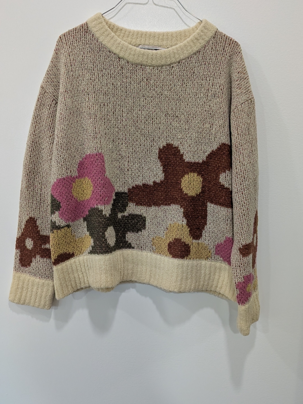 Womens Toad & Co Beige Cotati Wool non-mulesed Crewneck Sweater Sz S Flowers